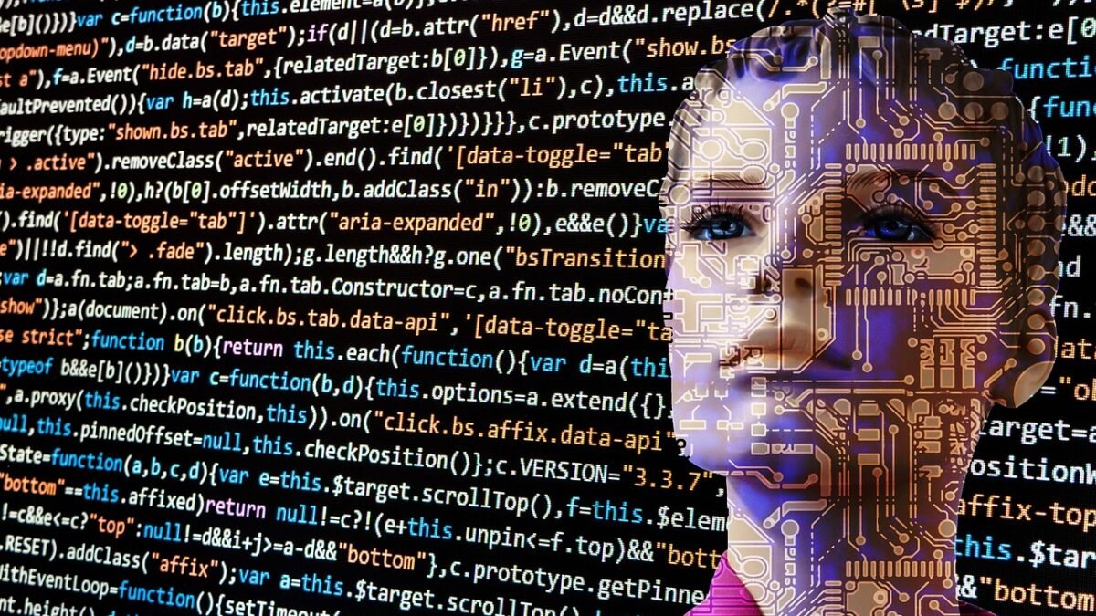 Futuristic humanoid robot face with circuits and code overlay, illustrating an AI agent