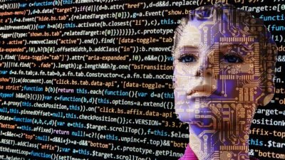 Futuristic humanoid robot face with circuits and code overlay, illustrating an AI agent
