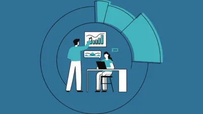 Team reviewing charts and analytics in a modern business illustration for a Perplexity Pro review