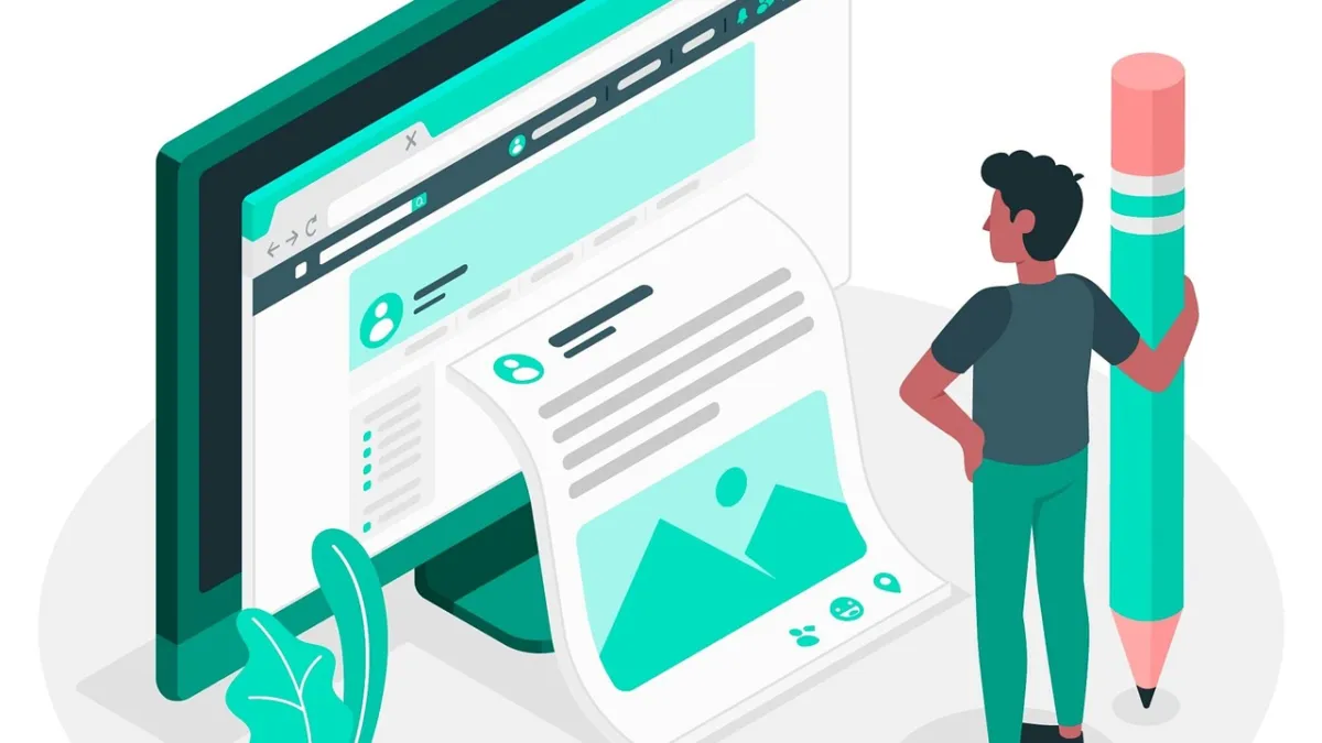 Illustration of a person holding a giant pencil beside a computer screen showing a blog post, representing SEO content writing for this Writesonic review