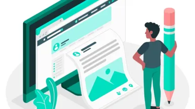 Illustration of a person holding a giant pencil beside a computer screen showing a blog post, representing SEO content writing for this Writesonic review