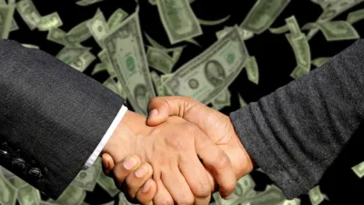 Two businesspeople shaking hands with dollar bills falling in the background, symbolizing a closed deal after automated lead follow-up