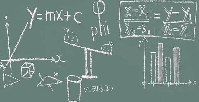 Mathematical chalk drawings on a blackboard with equations, graphs, and geometry, illustrating OpenAI AI science discoveries