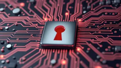 A padlock keyhole on a circuit board, symbolizing the OpenCode API key breach of stored AI provider keys.