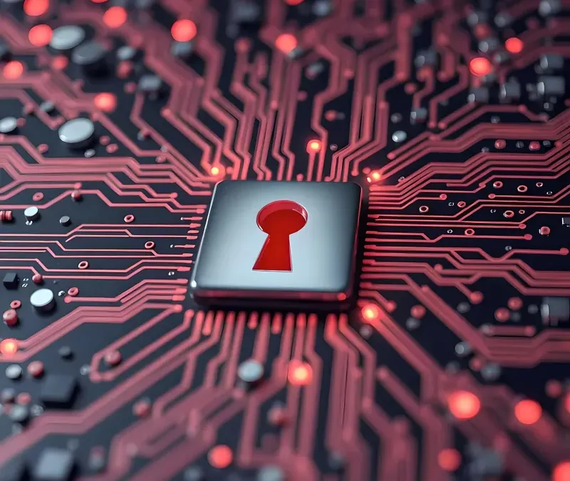 A padlock keyhole on a circuit board, symbolizing the OpenCode API key breach of stored AI provider keys.