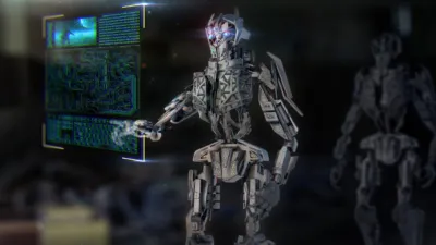 Futuristic robot touching a glowing hologram interface, illustrating Claude Agent Skills for small business automation