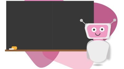Cute robot illustration standing by a classroom blackboard, representing an AI chatbot assistant like Claude