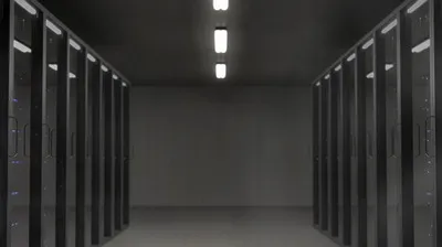 Symmetrical server room with illuminated racks in a modern data center, for a self-host AI knowledge base with Open WebUI Pipelines